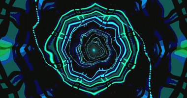Dönen desenler parlak mavi ve yeşil renklerle büyüleyici bir tünel etkisi yaratır. Tasarım, gözü çizgilerin ve şekillerin olduğu büyüleyici, sonsuz bir boşluğa çeker..
