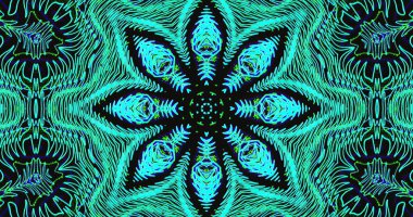 Canlı bir geometrik tasarım koyu arkaplana karşı mavi ve yeşil desenler içerir. Şekiller, çiçek motifini andıran simetrik bir düzen oluşturuyor..