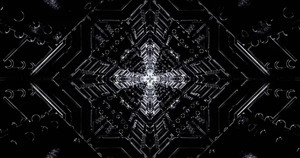 Çarpıcı bir soyut tasarım simetrik şekiller ve siyah beyaz çizgiler içerir. Şablon, derinlik ve karmaşıklığın büyüleyici bir illüzyonunu yaratır, izleyiciyi kendine çeker..