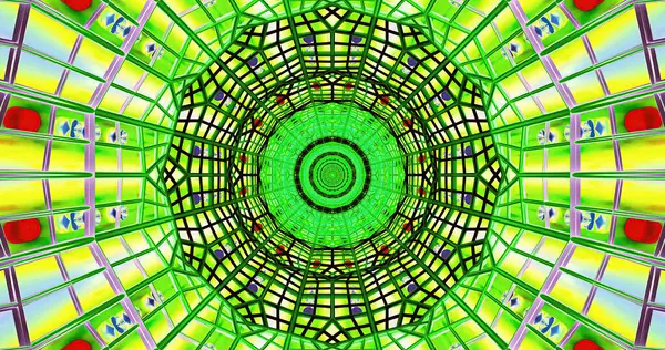 Parlak yeşil, simetrik desenler dairesel biçimlerde karmaşık cam tasarımları sergiliyor. Işık, eşsiz bir mimari alanda göz alıcı bir görüntü oluşturarak filtreler..