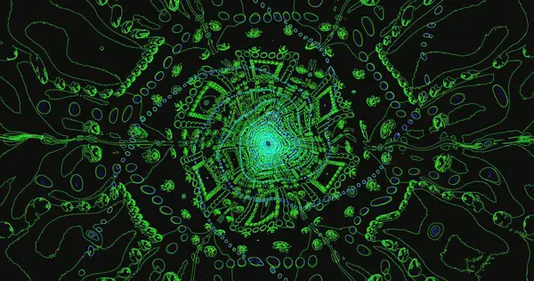 Canlı yeşil spiral dizayn koyu bir arka planda görünür, karmaşık geometrik ve organik desenler içerir. Sanat eserleri göz alıcı bir görsel efekt sergiliyor..