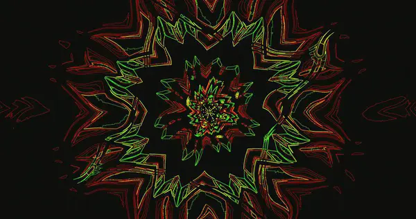 Canlı renkler, keskin kenarları ve girdap dizaynı içeren dinamik bir soyut desen oluşturur. Sanat eserlerinde koyu bir arka planda yeşil ve kırmızı renklerin bir karışımı sergileniyor..