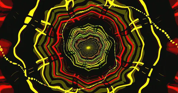 Sarmal bir şekilde kıvrılan canlı renkler büyüleyici bir tünel görüntüsü oluşturuyor. Sarı ve kırmızı çizgiler koyu bir arkaplan karşısında, derinlik ve hareket hissi yaratır, keşifleri davet eder.