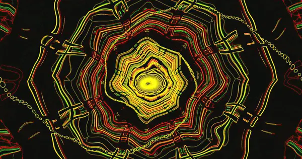 Bu canlı soyut sanat, parlak sarı, kırmızı ve yeşil çizgilerle dolu bir spiral tasarıma sahiptir. Karmaşık desenler dikkat çeken dinamik bir görsel etki yaratır..