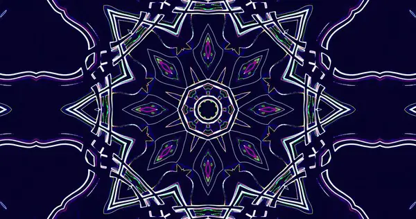 Karmaşık bir geometrik tasarım canlı renkler ve keskin çizgiler içerir ve kaleydoskopik bir etki yaratır. Kalıplar simetri ve dinamik şekilleri derin bir arkaplanda sergiliyor.