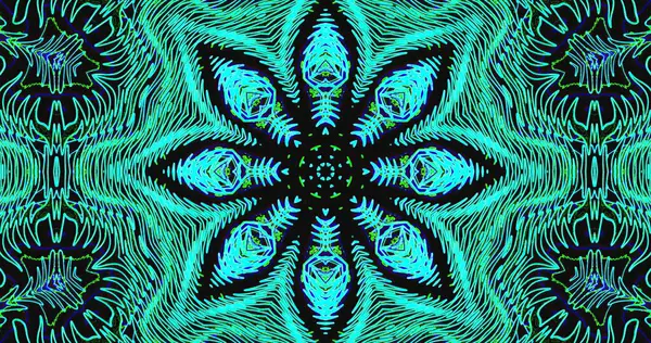 Canlı bir geometrik tasarım koyu arkaplana karşı mavi ve yeşil desenler içerir. Şekiller, çiçek motifini andıran simetrik bir düzen oluşturuyor..