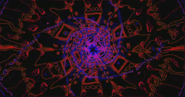 Canlı renkler, karmaşık şekil ve çizgilerle girdap şeklinde soyut desenler oluşturur. Tasarım koyu bir arkaplan karşısında koyu kırmızı ve mavileri içeriyor, hareket ve enerji hissi uyandırıyor..