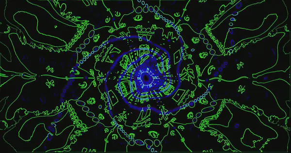 Karmaşık tasarımlar neon renklerle patlıyor, karanlık bir arkaplanda büyüleyici bir desen oluşturuyor. Canlı renkler izleyiciyi cezbeder ve dinamik bir görsel deneyime çeker..