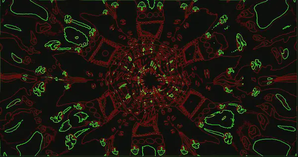 Kıvrımlı şekiller ve parlak yeşil ve kırmızı tonlarda karmaşık tasarımlar içeren hipnotik bir model. Arkaplan koyu renkli ve hareketli..