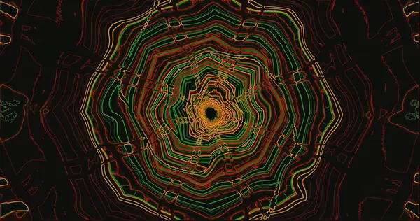 Yeşil, turuncu ve sarı tonlarda dönen çizgiler çarpıcı dairesel bir şekil oluşturur. Bu canlı tasarım, dinamik hareketi ve rengiyle izleyicinin gözünü merkeze çeker..