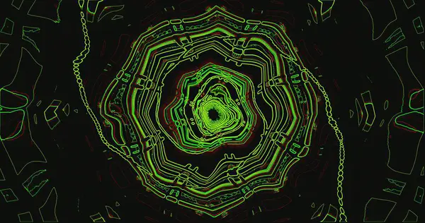 Parlak yeşil çizgiler koyu bir arkaplan karşısında soyut bir şekil oluşturur. Tasarım büyüleyici bir spiral etki yaratır, izleyicinin gözünü merkeze doğru çeker..