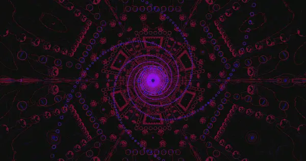 Bu sanat eseri, ayrıntılı şekil ve renklerle dolu canlı bir spiral desen sergiliyor. Arka plan koyu renkli, parlak mor ve mavileri tasarım boyunca geliştiriyor..