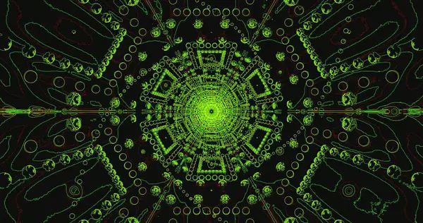 Parlak yeşil şekiller koyu bir arkaplan üzerinde ayrıntılı dairesel desen oluşturur. Tasarım, büyüleyici görsel efektler yaratan çeşitli karmaşık biçimlere sahiptir..