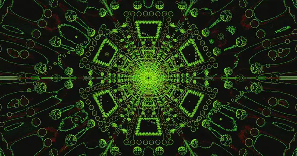 Karmaşık yeşil geometrik desen, dışa doğru yayılan daireler ve kareler gibi şekiller içeren koyu arkaplanı doldurur. Tasarım simetri ve kontrastın büyüleyici bir karışımını sergiler.