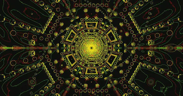 Bu canlı sanat eseri merkezi bir noktadan yayılan karmaşık dairesel desenler içeriyor. Parlak renkler koyu siyah arkaplanla keskin bir tezat oluşturarak göz alıcı bir görsel deneyim yaratıyor..