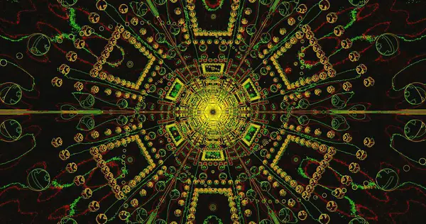 Parlak sarı, yeşil ve kırmızı dairesel şekillere sahip çarpıcı bir geometrik desen siyah bir arkaplana karşı karmaşık tasarımlar içinde düzenlenerek göz alıcı bir görsel efekt yaratır..