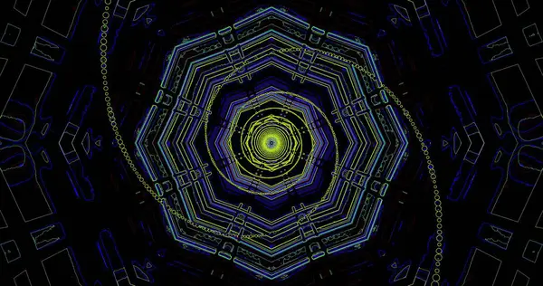 Karmaşık, renkli bir desen, kaleydoskopik bir dizaynda bir dizi geometrik şekil gösterir. Parlak renkler ve çizgiler dijital formatta büyüleyici bir görsel etki yaratır.