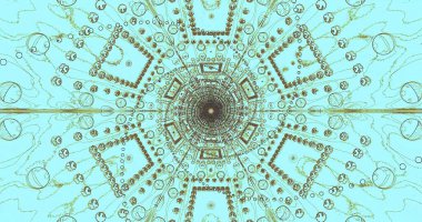 Detaylı bir geometrik tasarım, açık mavi ve altın tonlarında karmaşık şekiller ve çizgiler içeren dairesel bir desen içerir. Eserler bir simetri ve derinlik hissi uyandırıyor..