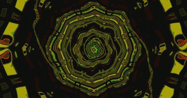 Bu sanat eseri yeşil ve siyah tonlarıyla yaratılmış renkli, dairesel bir desen içeriyor, girdap gibi görünen ve kesişen dinamik bir görsel tasarım sergiliyor.