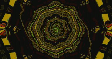 Büyüleyici soyut bir tasarım dairesel şekillerde canlı geometrik desenler içerir. Koyu yeşil ve siyah gölgeler derinlik sağlar, dinamik bir görsel deneyim yaratır..