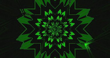 Çarpıcı yeşil geometrik desen, karanlık bir arkaplana karşı yıldız patlaması tasarımıyla dışa doğru yayılır. Keskin şekiller büyüleyici bir görsel efekt yaratır, izleyiciyi kendine çeker..