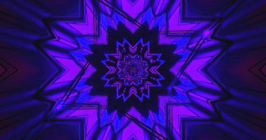 Renkli tasarım keskin çizgiler ve mor tonlarda yıldız benzeri merkezi desen içerir. Dinamik şekiller bir derinlik ve hareket hissi yaratır, izleyicinin dikkatini çeker..