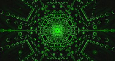 Bu dijital sanat eseri, merkezden yayılan çarpıcı bir yeşil soyut deseni içeriyor. Karmaşık tasarım daireler ve şekillerden oluşuyor, büyüleyici bir görsel deneyim yaratıyor..