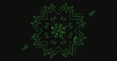 Eserde, koyu siyah bir arkaplana karşı canlı bir yeşil geometrik desen sergileniyor. Göze çarpan bir tasarım oluşturan karmaşık ve keskin çizgiler sergiliyor..