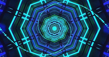 Parlak mavi ve yeşil ışıklar dijital bir tünelde karmaşık geometrik tasarımlar yaratır. Bu büyüleyici sahne modern, fütürist bir estetik sergiliyor, karanlık uzayı aydınlatıyor..