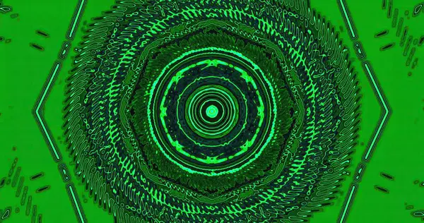 Merkezinde eşmerkezli daireler bulunan çeşitli yeşil tonlarda dinamik bir soyut desen, karmaşık detaylarla dolu görsel olarak meşgul edici bir tasarım yaratıyor..