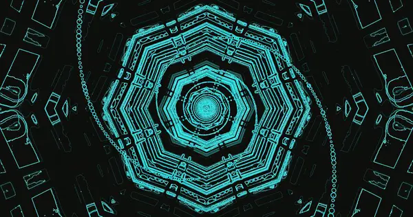 Siyah arka planda parlayan mavi renkli, karmaşık geometrik şekillerin çarpıcı bir görüntüsü. Tasarım büyüleyici bir sekizgen desen sergiliyor, derinlik ve karmaşıklığı gösteriyor..