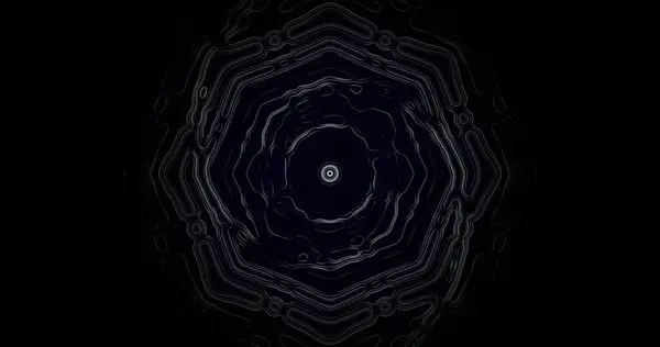 Koyu bir arkaplandan, düz çizgiler ve dokularla karışık bir tasarım gösteren ayrıntılı bir dairesel desen ortaya çıkar. Yapı göz alıcı bir geometrik görüntü oluşturuyor..