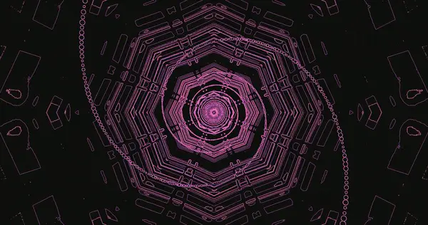 Karmaşık bir tasarım, siyah bir arkaplan karşısında simetrik desen oluşturan canlı pembe çizgiler içerir. Sanat eserleri soyut bir tarzda derinlik ve hareket hissi yaratıyor..