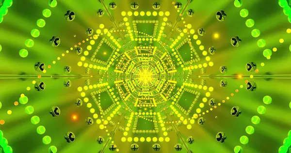 Parlak sarı ve yeşil ışıklarla dolu karmaşık tasarım dinamik bir görsel deneyim yaratır. Bu desen enerjiyi yayar, gözü büyüleyici derinliğine çeker..