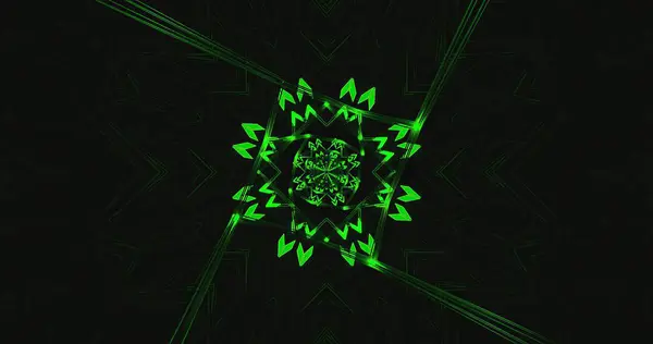 Karmaşık neon yeşil desen, koyu bir arkaplana karşı simetrik bir tasarım oluşturur. Keskin çizgiler ve şekiller dinamik bir görsel etki yaratır. Karmaşıklığıyla izleyicileri büyüler..