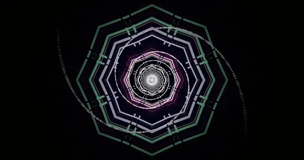 Canlı ve karmaşık bir geometrik desen dairesel bir hareketle döner. Tasarım, koyu bir arkaplan karşısında zıt renklere sahip birkaç katman içeriyor ve büyüleyici bir görsel etki yaratıyor..
