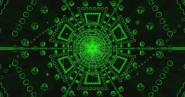 Canlı yeşil tasarım dairesel ve kare şekilleri simetrik olarak düzenler. Karmaşık desen büyüleyici bir görsel etki yaratır. Gözü merkeze doğru çeker..