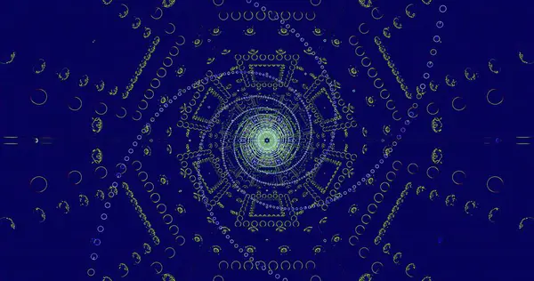 Koyu mavi arka planda dairesel şekiller ve geometrik desenler içeren karmaşık bir tasarım. Canlı renkler simetrik bir düzende büyüleyici bir görsel deneyim yaratıyor..