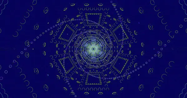 Koyu mavi arkaplan üzerinde canlı renklerde karmaşık geometrik tasarımlar gösterilir. Kalıplar kıvrılır ve ışıldar. Göz alıcı bir görsel deneyim yaratır..