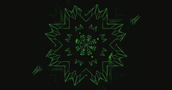 Eserde, koyu siyah bir arkaplana karşı canlı bir yeşil geometrik desen sergileniyor. Göze çarpan bir tasarım oluşturan karmaşık ve keskin çizgiler sergiliyor..