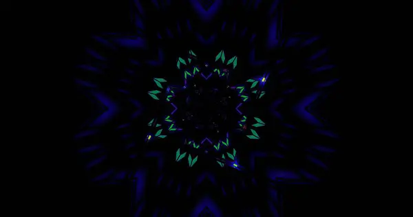 Parlak mavi ve yeşil şekiller, karanlık bir arkaplanda büyüleyici bir yıldız deseni oluştururlar. Tasarım, izleyiciyi büyüleyici bir simetri ve renk yolculuğuna çeker..