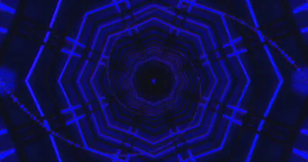 Canlı bir geometrik şablon, bir tünelde kesişen çizgiler ve şekillerle oluşur. Mavi ışık büyüleyici bir görsel etki yaratır. Gözü merkeze doğru çeker..