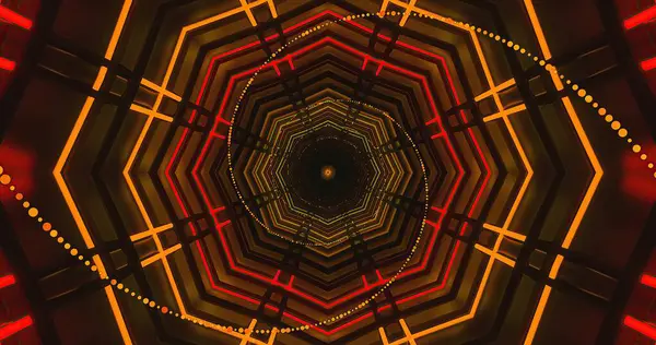 Geometrik şekillerden oluşan canlı bir tünel kırmızı, sarı ve turuncu ışıklarla parlar. Örnekler izleyiciyi merkeze doğru çeker, büyüleyici ve dinamik bir görsel deneyim yaratır..