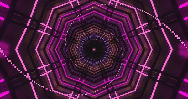 Çarpıcı bir tünel, parlak pembe neon ışıkları olan karmaşık geometrik desenlere sahiptir. Karanlık uzay parıltıyı arttırır ve büyüleyici bir görsel etki yaratır..