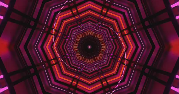Dönen neon renklerle dolu büyüleyici bir tünel tasarımı. Yapı, parlak pembe, mor ve turuncu ışıklı altıgen desenlere sahip. Ritmik bir akış içinde titreşiyor..