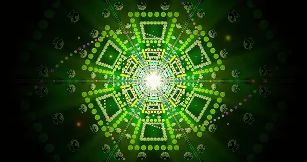 Parlak yeşil ve sarı dairesel desenler büyüleyici bir şekilde dışa doğru yayılıyor. Merkezi alan canlı bir şekilde parlıyor, dinamik ve enerjik bir görsel etki yaratıyor..