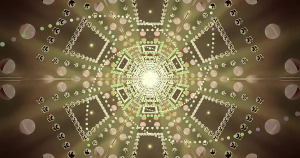 Karmaşık ve canlı geometrik şekiller büyüleyici bir desen oluşturur, gözü parlayan bir merkeze çeker. Tasarım soyut bir görüntüde ışık ve rengi harmanlıyor.