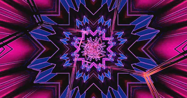 Mor ve mavi tonlarla dolu canlı bir geometrik desen çarpıcı bir görsel deneyim oluşturur. Dinamik şekiller derinlik ve hareket yaratır, atmosferi güçlendirir..