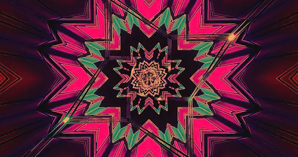 Canlı bir geometrik tasarım yıldız şekilleri ve pembe, mor ve yeşil tonlarında karmaşık desenler içerir. Sanat eserinin hipnotik bir kalitesi var, izleyicileri derinlerine çekiyor..