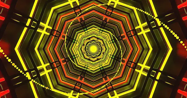 Parlak bir tünel sarı, kırmızı ve turuncu ışıklarla büyüleyici bir geometrik desen oluşturur. Parlak renkler ve tasarım dijital ortamda bir enerji ve hareket hissi uyandırıyor..